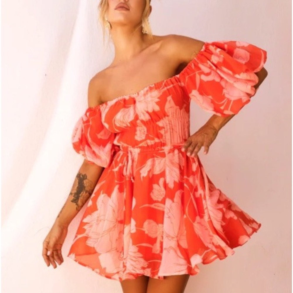 NEW GIGI & Ella Women 6 Floral Orange Mini Dress Off‎ Shoulder Puff Sleeve